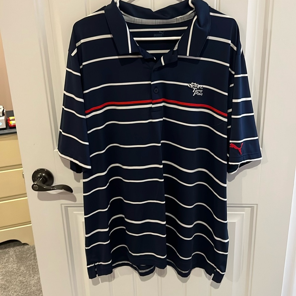 Puma, Torrey, Pines, navy and white stripe golf polo XXL